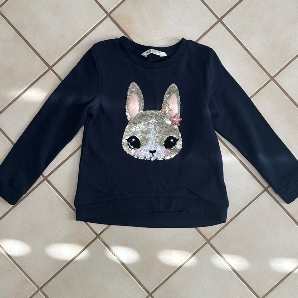 H&M Girls Reversible Sequin Bunny Sweatshirt Navy Blue Like New Spring Easter